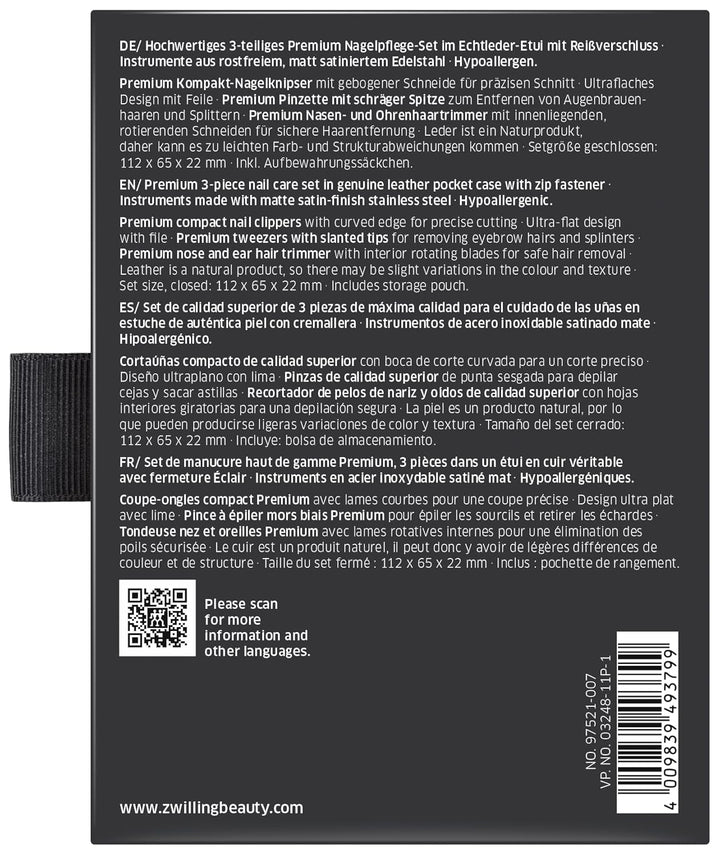 ZWILLING Maniküreset 3-teilig Nagelpflegeset aus Rindleder mit Reissverschluss, Premium, Schwarz
