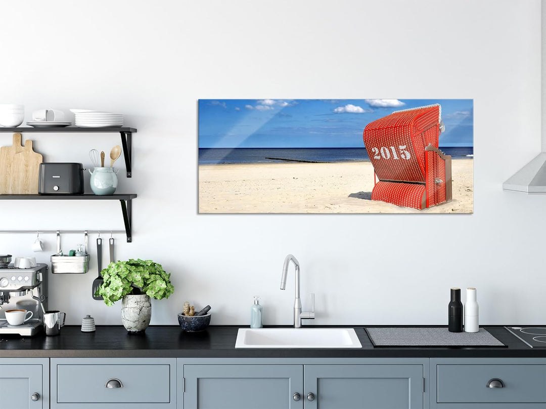 Glasbild Panorama | Wandbild aus Echtglas | Strandkorb an der Nordsee | 100x40 cm | inkl. Aufhängung