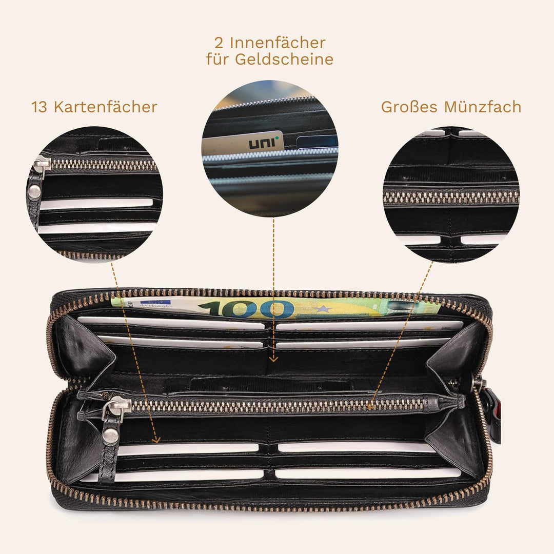 DONBOLSO® Geldbörse Lissabon I Portemonnaie aus echtem Nappaleder für Damen I XL-Geldbeutel mit 13 K