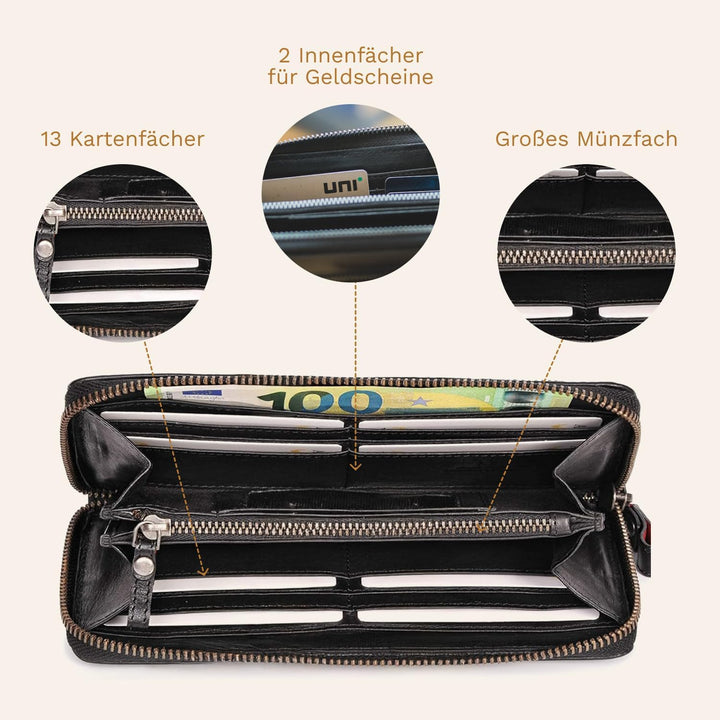 DONBOLSO® Geldbörse Lissabon I Portemonnaie aus echtem Nappaleder für Damen I XL-Geldbeutel mit 13 K