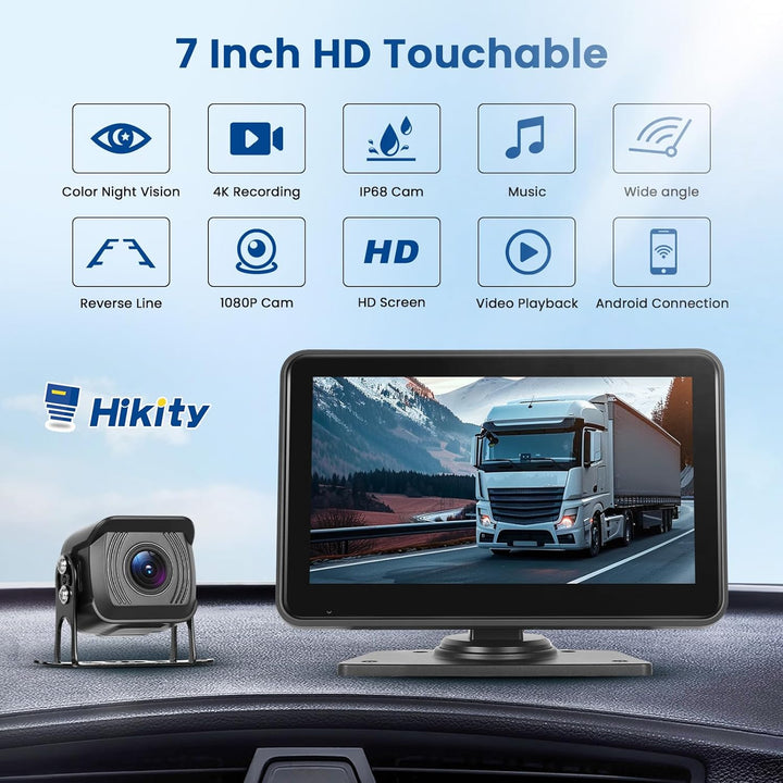 Hikity Rückfahrkamera Kabellos 7" HD Touchsreen mit 2 Rück Kamera mit Nachtsicht IP68 Wasserdicht+4K