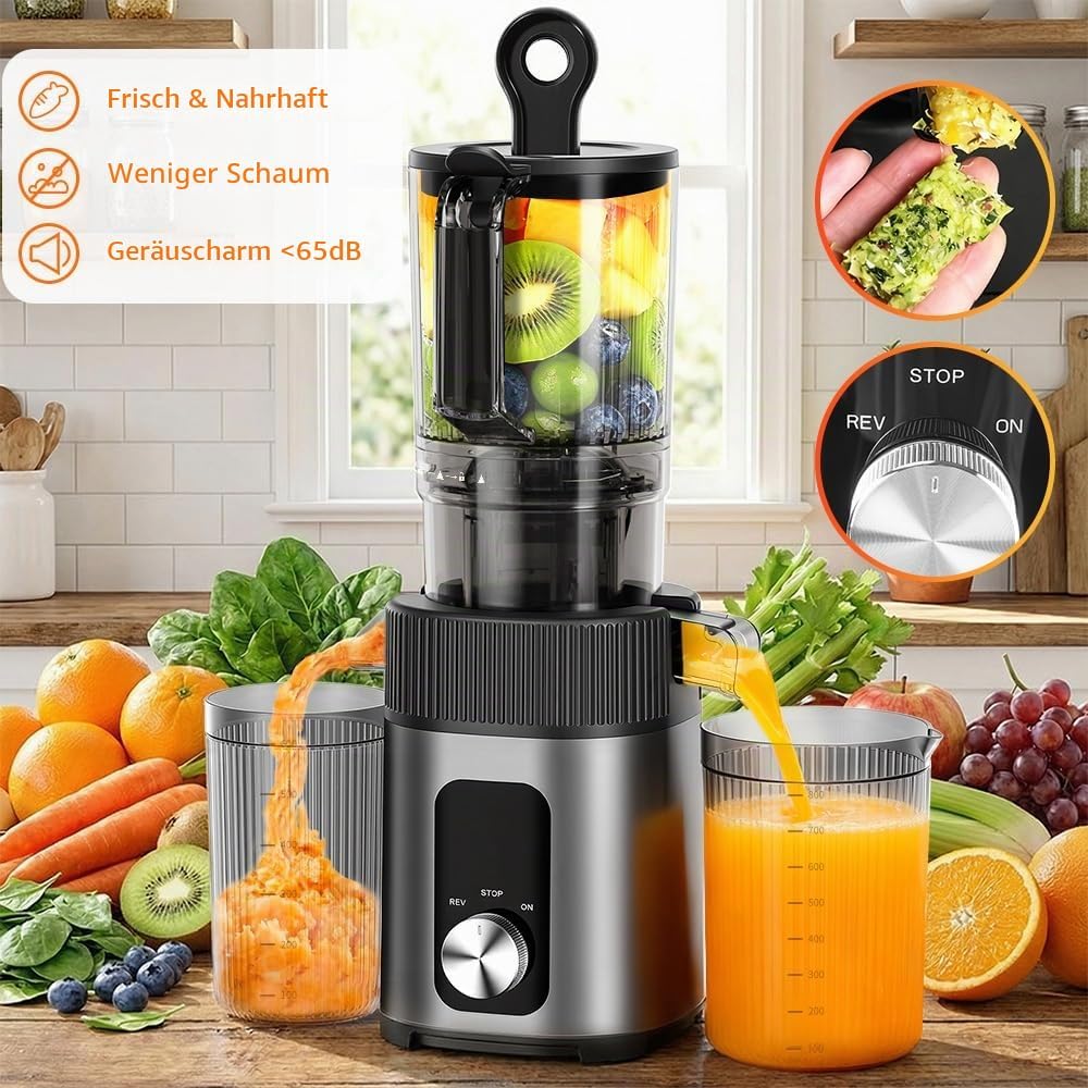 KEPEAK Slow Juicer 200W, Professionelle Saftpresse mit 112mm Einfüllschacht für ganze Früchte und Ge