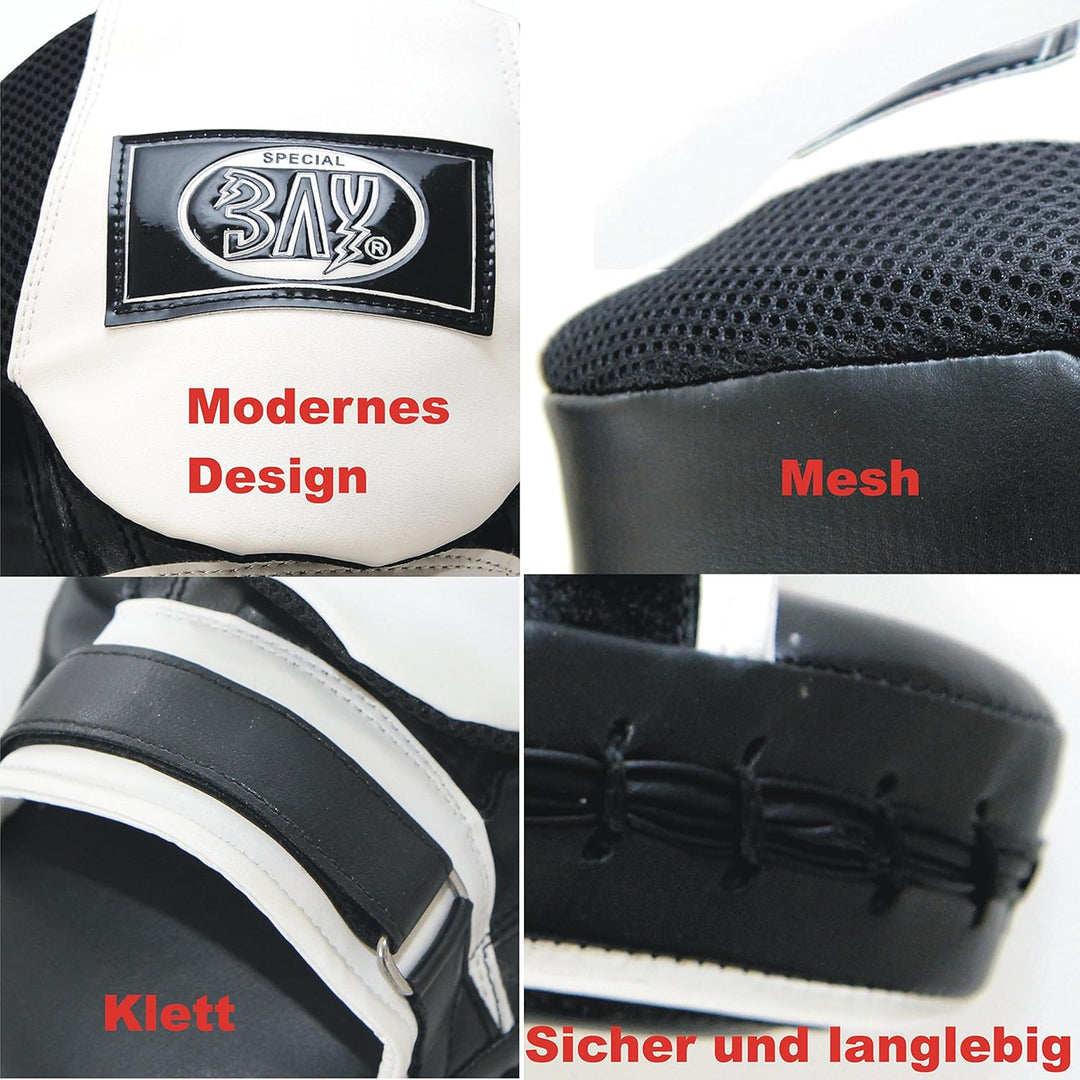 BAY Gel Leder Trainerpratzen mit Ergonomischer Handkontur, Schlagpolster für Kampfsport, Schwarz, 2e