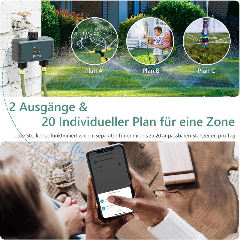 Diivoo Bewässerungscomputer WLAN 2 Ausgänge, Smart Bewässerungsuhr für Garten Bewässerung kompatibel