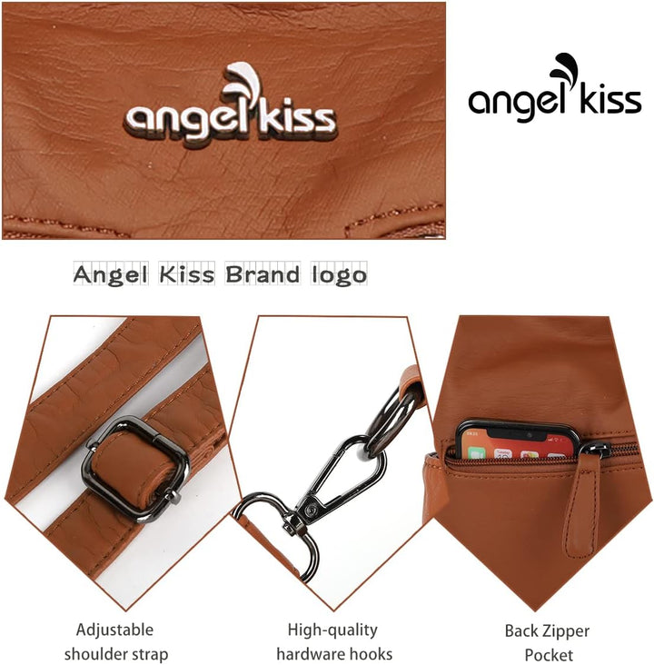 Angelkiss Damen Handtasche Grosse Doppelreissverschluss Multi Pocket Washed Schultertasche Designer-