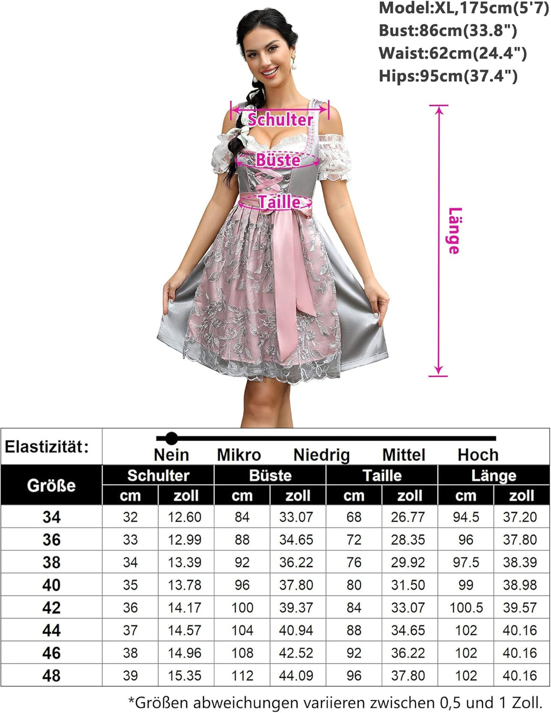 KOJOOIN Trachtenkleid Damen Dirndl Kurz Midi 3tlg. für Oktoberfest-Drei Teilig: Kleid, Bluse, Schürz