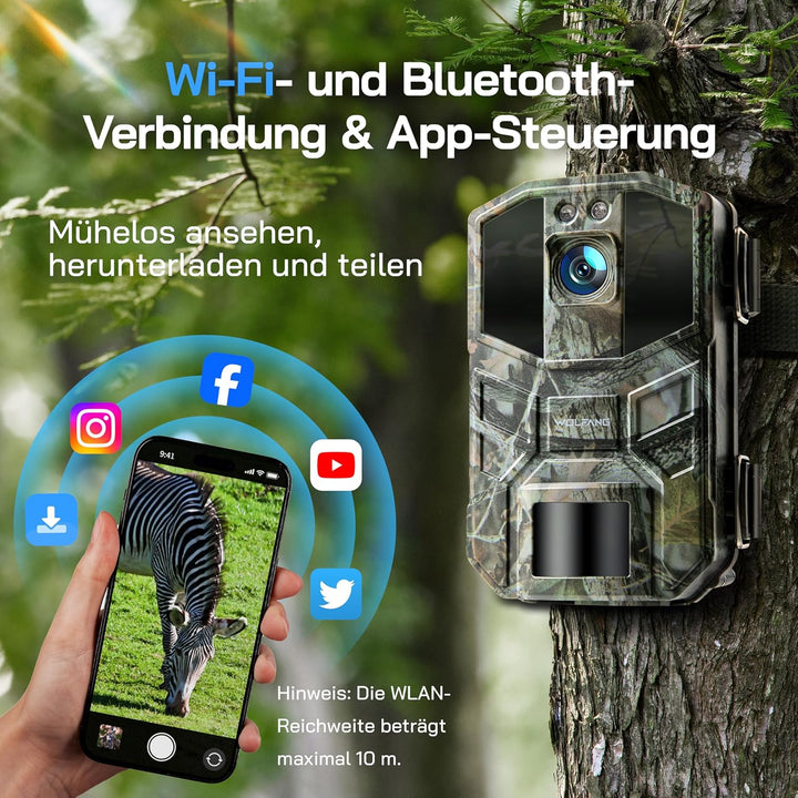 WOLFANG Wildkamera 4K HD, 64MP Full HD WLAN Wildtierkamera mit App, Jagdkamera mit Nachtsicht, Beweg