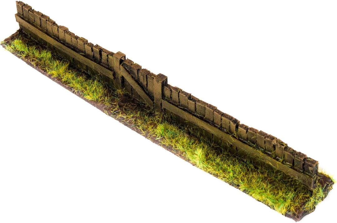 War World Gaming | Holz-Zaun &amp; Tor | Bemalt &amp; Beflockt x 3 | 20-28 mm Tabletop Gelände Modellbau Lan