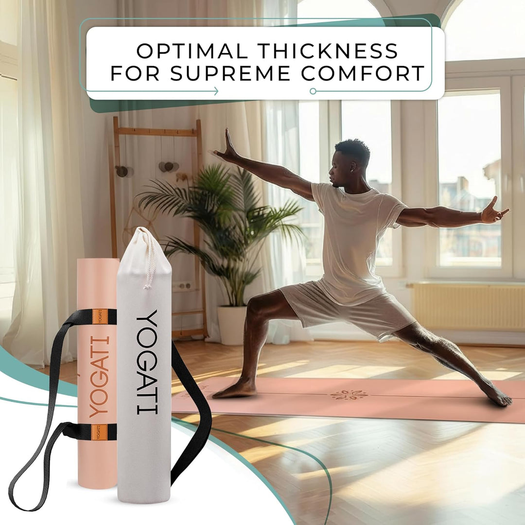 YOGATI® Yogamatte rutschfest Naturkautschuk mit Tasche - Yoga Matte gross mit Markierung, Sportmatte