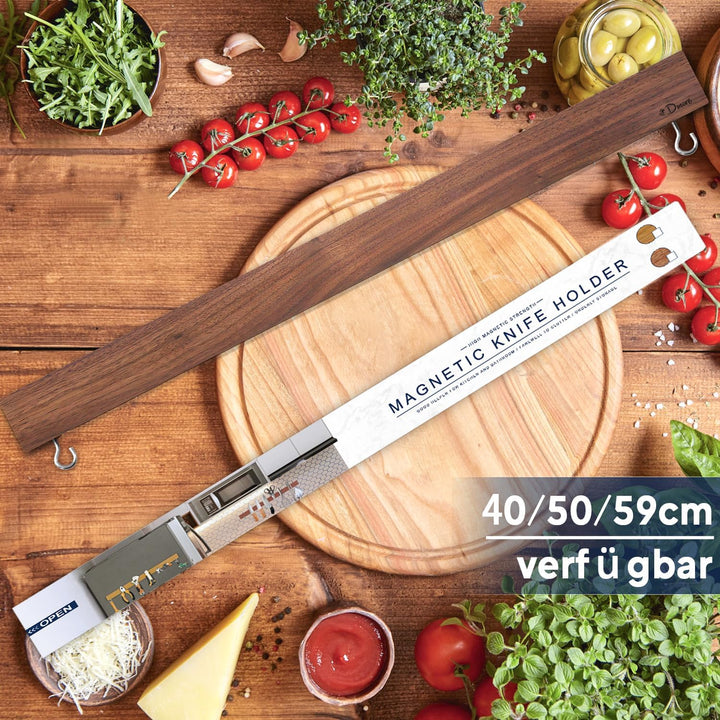 Dmore 50 cm Magnetleiste Messer mit 2 Haken, Messerhalter magnetisch ohne Bohren aus Walnuss, leistu