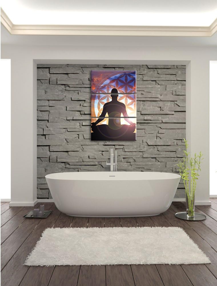 Pixxprint Meditierender Mensch Blume des Lebens 3-Teiler Leinwandbild 120x80 Bild auf Leinwand