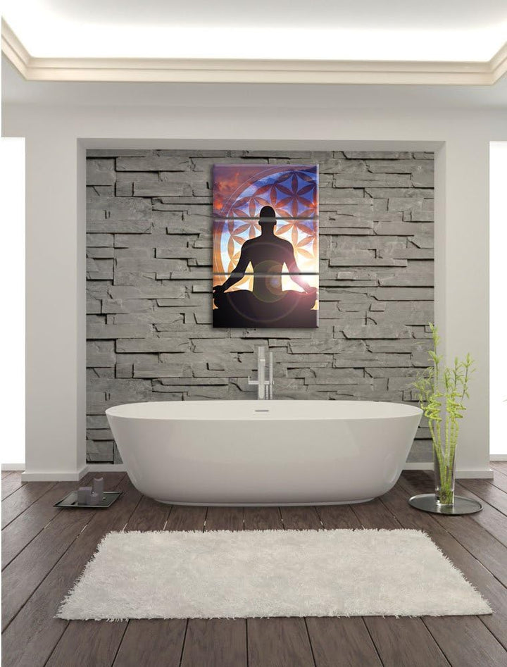 Pixxprint Meditierender Mensch Blume des Lebens 3-Teiler Leinwandbild 120x80 Bild auf Leinwand