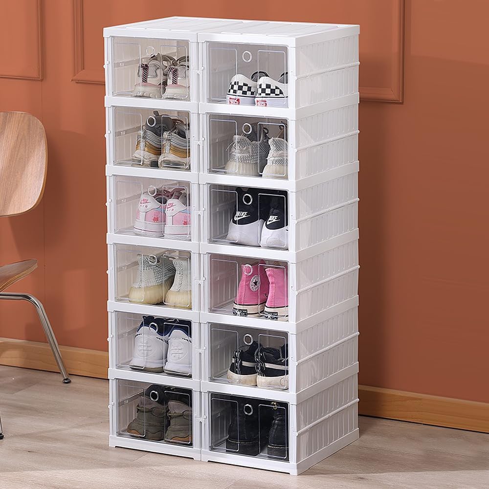 OHMG 6 Stück Schuhboxen, Aufbewahrungsboxen aus Kunststoff, transparent, stapelbar, faltbar, Regal f