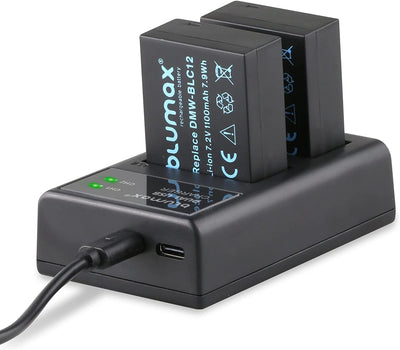 Blumax 2X Akku ersetzt Panasonic DMW-BLC12 / DMW-BLC12-E 1100mAh + USB Dual-Ladegerät USB | kompatib