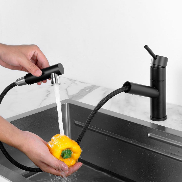 Wasserhahn Küche Schwarz mit Brause Ausziehbar, Hochdruck Küchenarmatur mit 2 Strahlarten, Armatur K