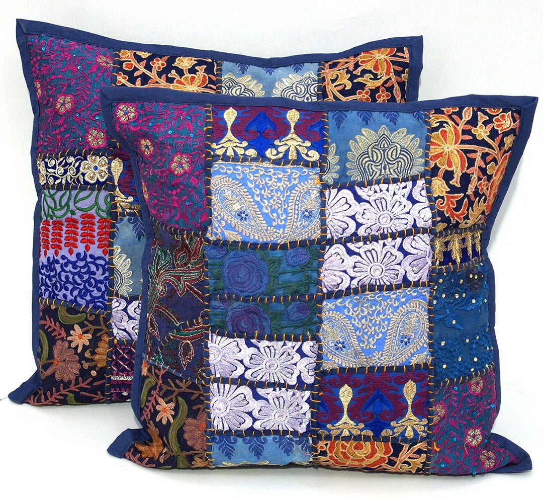 2 x ethnische Sari-Patchwork-Kissenbezüge, 40,6 x 40,6 cm, besticktes Kissen, blaues indisches Patch