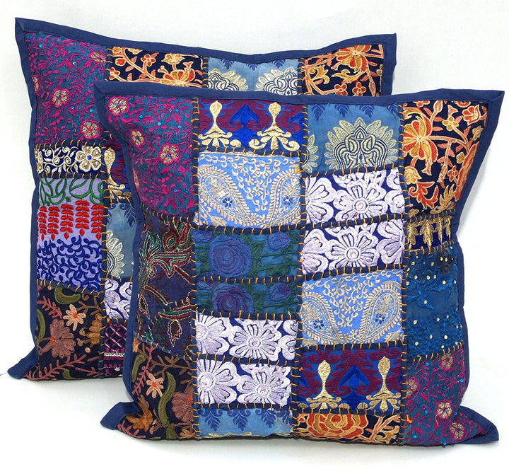 2 x ethnische Sari-Patchwork-Kissenbezüge, 40,6 x 40,6 cm, besticktes Kissen, blaues indisches Patch