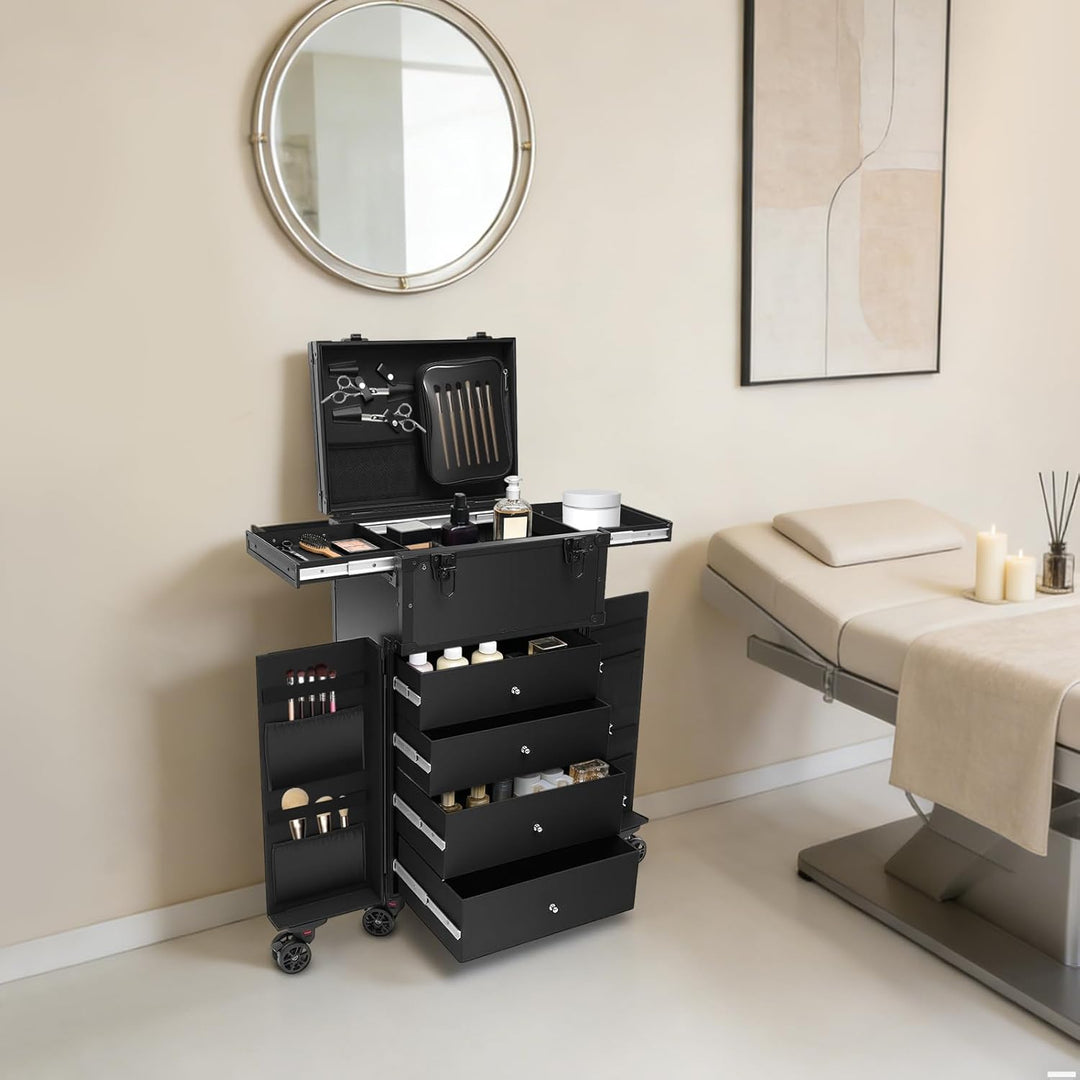 Kosmetikkoffer Trolley Schminkkoffer mit Rollen Aluminium Gross Beauty Make Up Koffer mit 4 Schublad