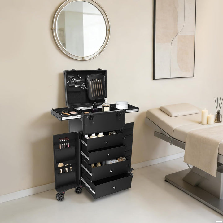 Kosmetikkoffer Trolley Schminkkoffer mit Rollen Aluminium Gross Beauty Make Up Koffer mit 4 Schublad
