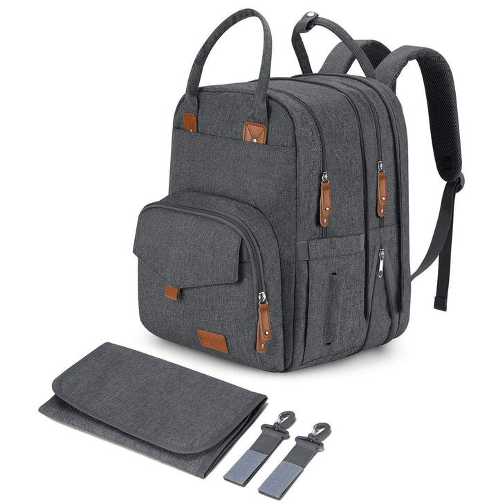 Grosser Diaper Bag Backpack - 23 Taschen, Erweitbar, 31 Liter, Grau, Einfarbig, Polyester, Minimalis