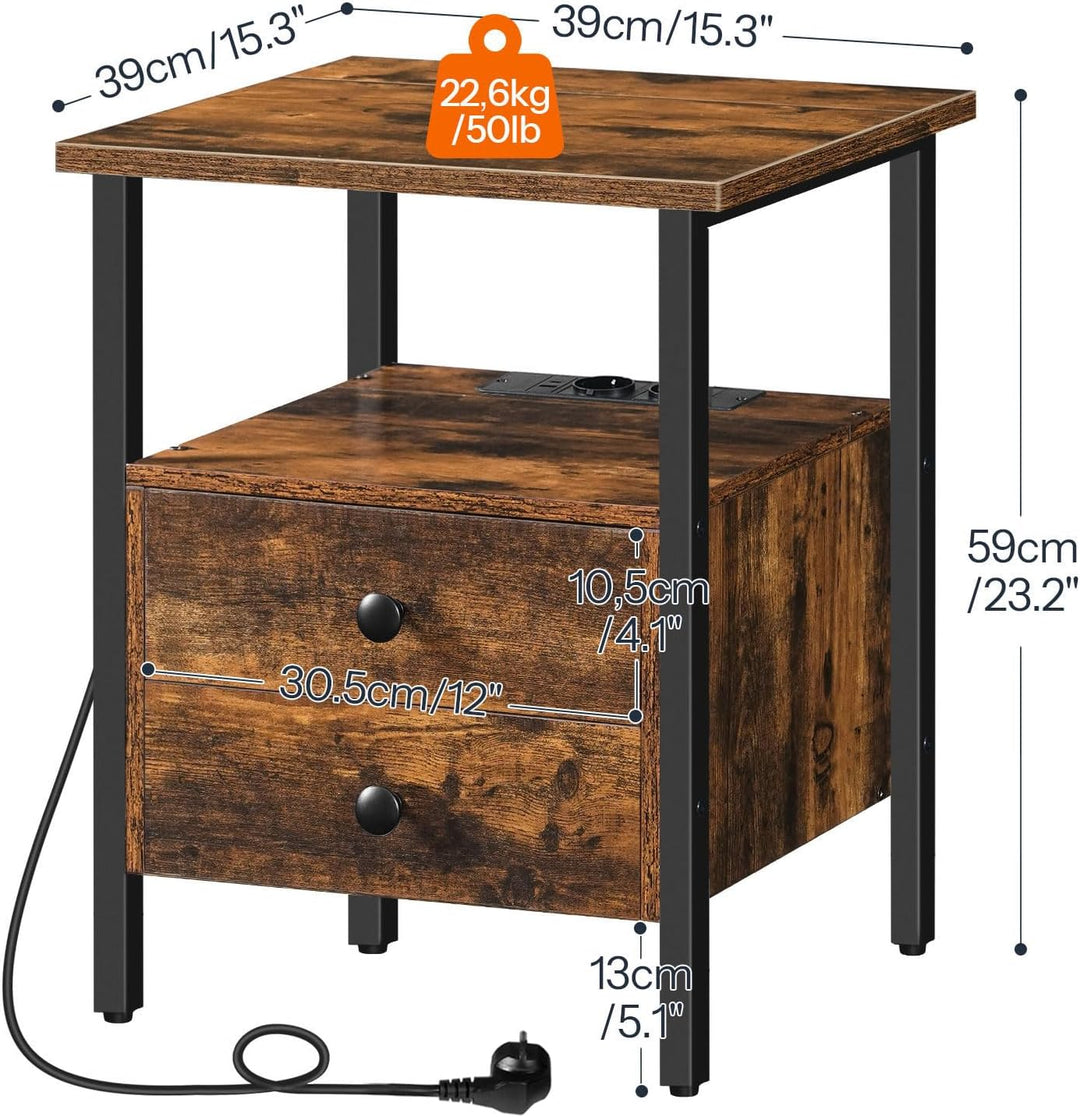 HOOBRO Nachttisch mit Ladestation, Beistelltisch, Sofatisch mit 2 Schubladen, Couchtisch mit USB-Ans