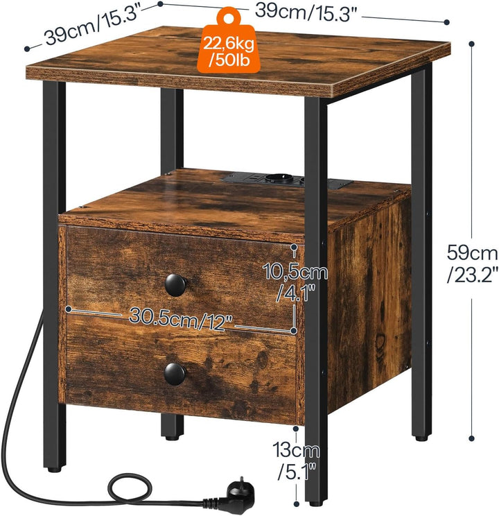 HOOBRO Nachttisch mit Ladestation, Beistelltisch, Sofatisch mit 2 Schubladen, Couchtisch mit USB-Ans