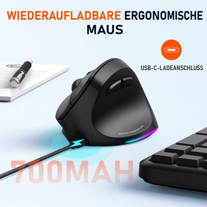 MEETION Ergonomische Maus, Kabellose Vertikale Maus RGB Wiederaufladbare Funkmaus für Bluetooth(5.2