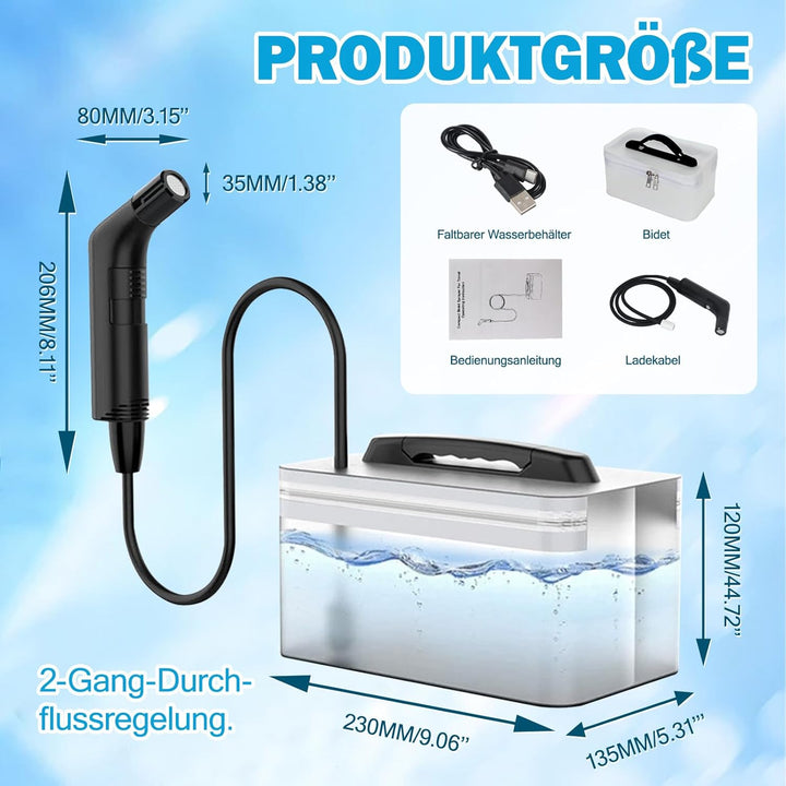 Reise Bidet Elektrisch, 2,3 L Wiederaufladbares Portable Bidet, Popodusche mit 1,2 m Filterwasserlei