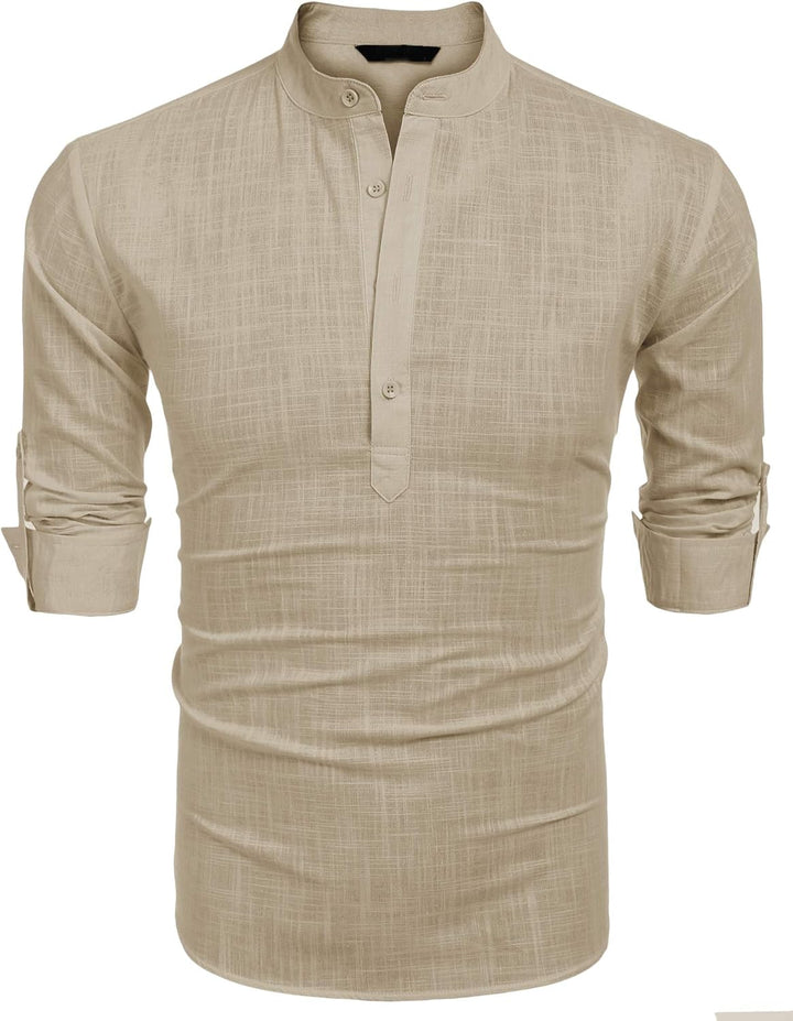 COOFANDY Hemd Herren Langarm Leinenhemd Baumwolle Henley Shirt Casual Regular Fit Sommerhemd S Khaki