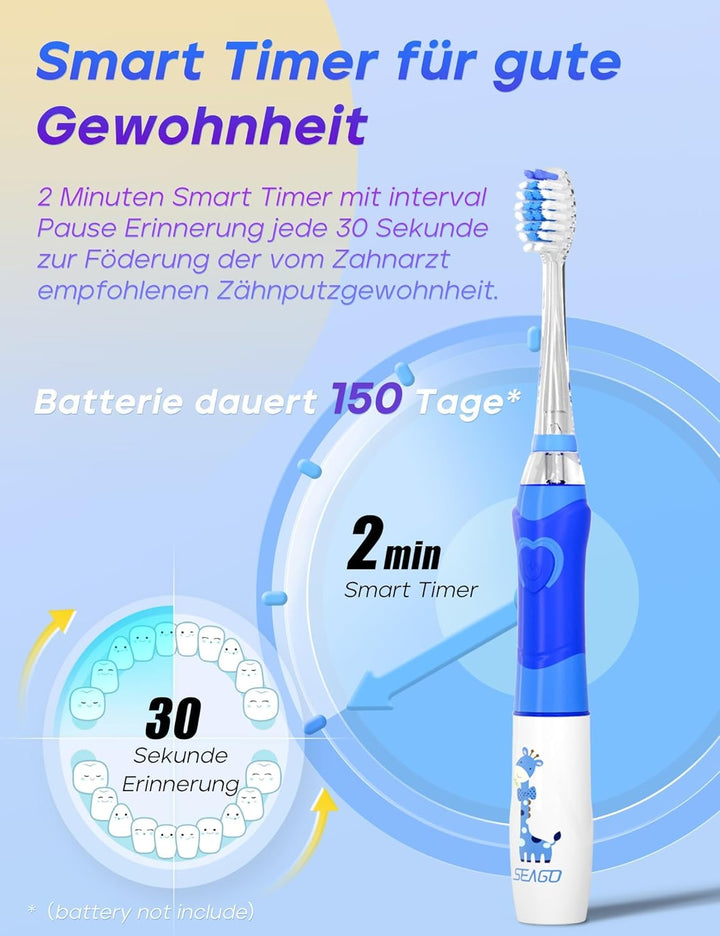 Seago Elektrische Zahnbürste Kinder mit 8 Extra Weiche Aufsteckbürste und 4 Persönliche Modi, LED Li
