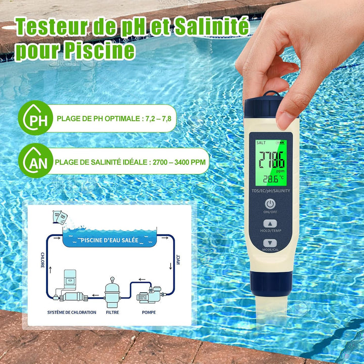 Pious 5in1 pH-Messgerät mit pH-Wert, EC, TDS, Temp &amp; Salzgehalt-Messgerät | Automatisches Temperatur