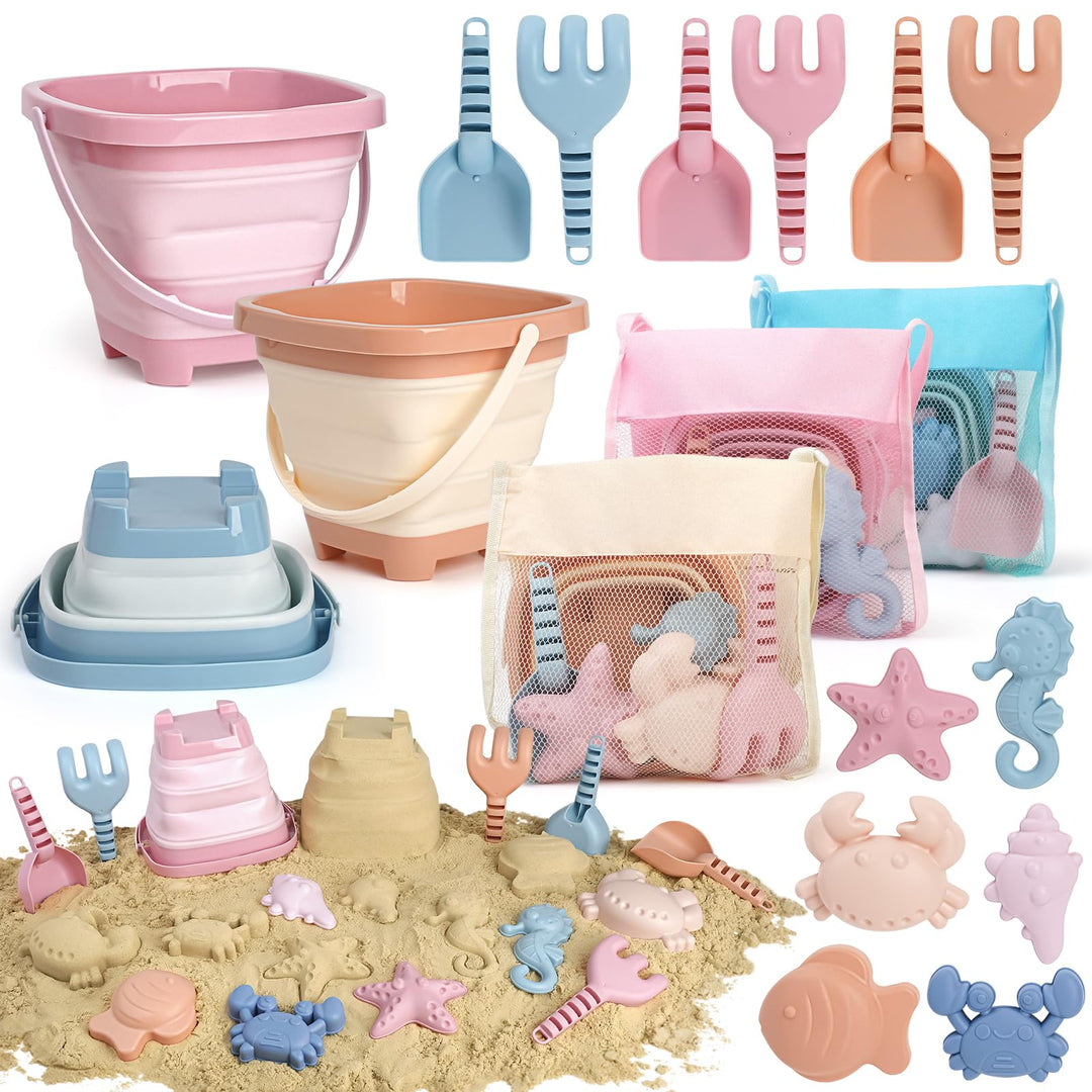 Dreamon Sandspielzeug Strandspielzeug Kinder, 18 PCS Reise Sandspielzeug mit Faltbarer Eimer, Sandka