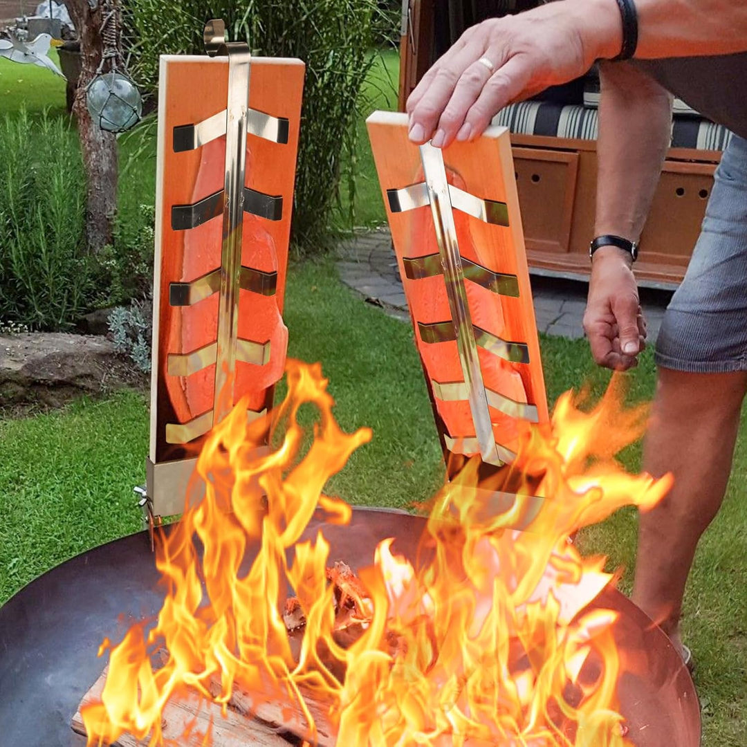 Flammlachsbretter 2er Set – Tannenholz Räucherbrett mit Edelstahl-Halterung (5-Fach verstellbar) – i