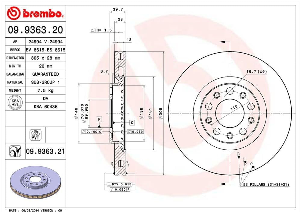 Brembo 09.9363.21 COATED DISC LINE Bremsscheibe - Paar