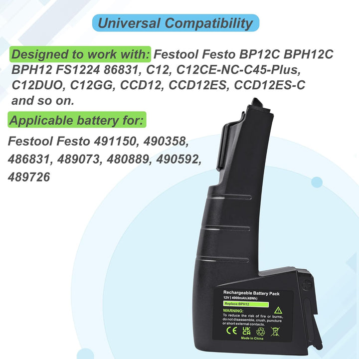12V 4.0Ah NI-MH Ersatzakku für Festool Festo BPH-12, BPH-12-C, CCD12, CCD12ES, CCD12ES-C, CCD12ESC,