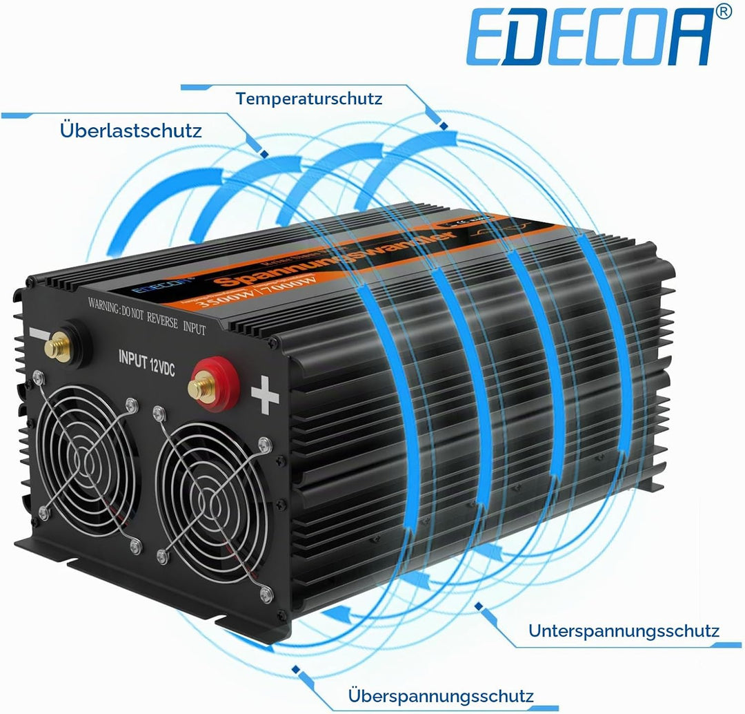 EDECOA Wechselrichter 12v auf 230v Reine Sinus Spannungswandler 3500W und LCD-Bildschirm mit Fernbed