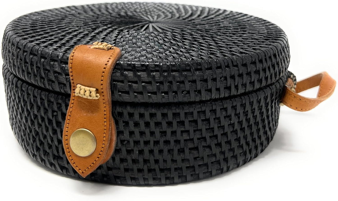 Trintura Rattan Tasche rund schwarz mit langem Leder Riemen geflochten Damen Korbtasche Umhängetasch