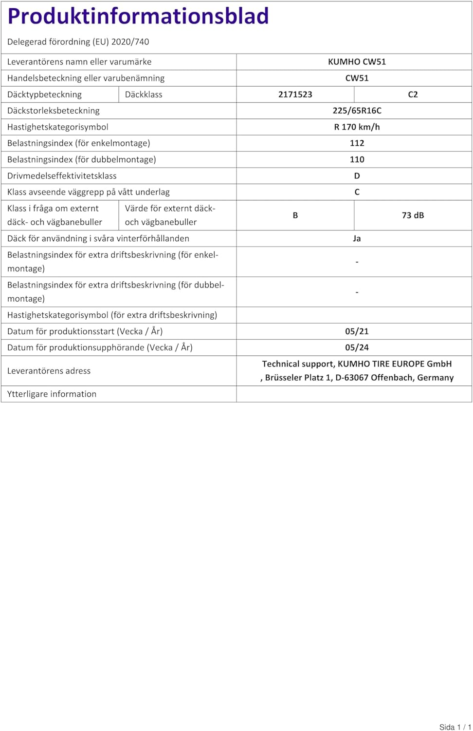 KUMHO - CW51-225/65 R16 112R - Winterreifen (Leicht-LKW) - E/C/73