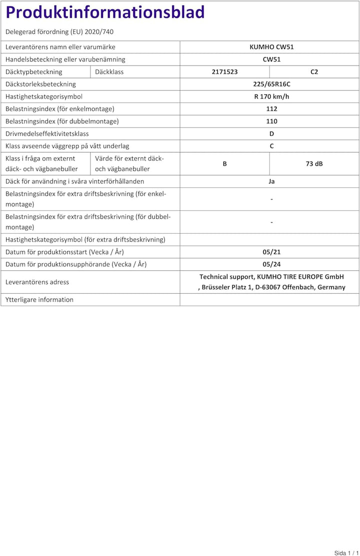 KUMHO - CW51-225/65 R16 112R - Winterreifen (Leicht-LKW) - E/C/73
