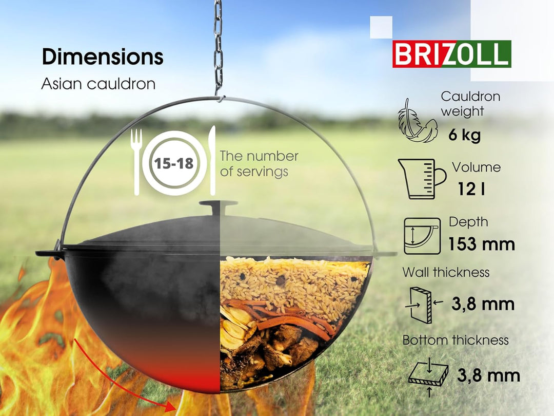 Brizoll Wok Asia 12 Liter mit Deckel aus Gusseisen