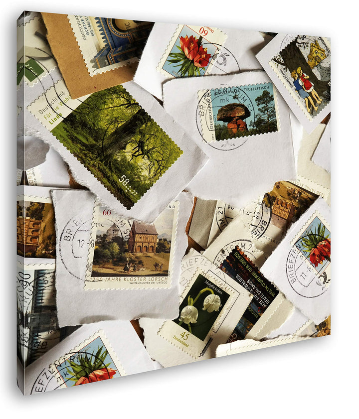 deyoli grosse Sammlung an Briefmarken im Format: 60x60 als Leinwandbild, Motiv fertig gerahmt auf Ec