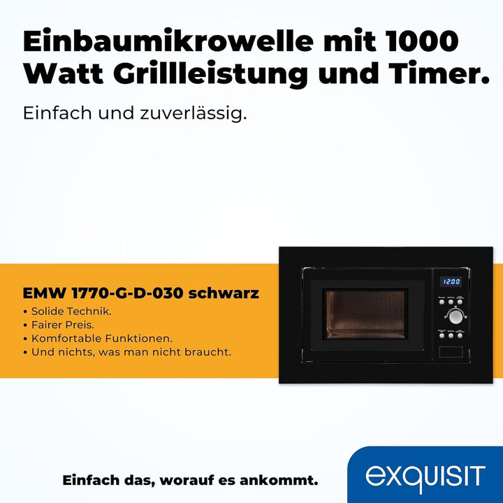 Exquisit Einbau-Mikrowelle EMW 1770-G-D-030 Schwarz | 700 Watt | 1000 Watt Grillfunktion | Timer