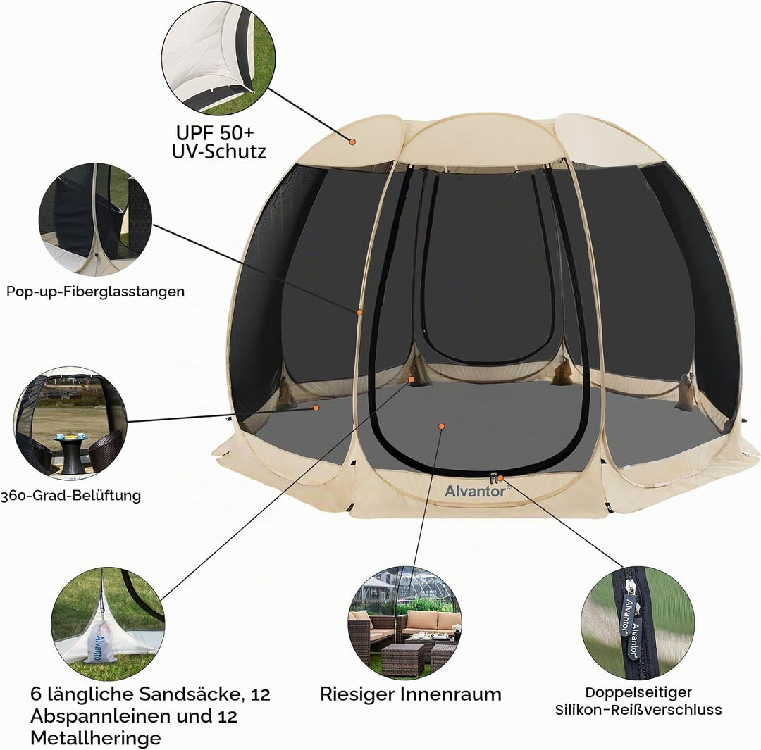 Alvantor Pavillon Screen House für 6, 10, 15 Personen, Pop-Up-Iglu-Zelt mit Moskitonetz an den Seite