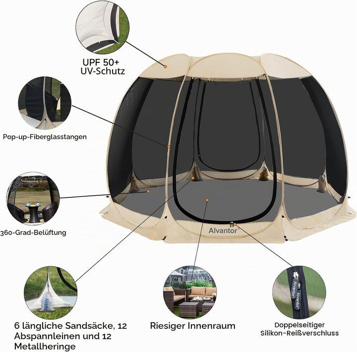 Alvantor Pavillon Screen House für 6, 10, 15 Personen, Pop-Up-Iglu-Zelt mit Moskitonetz an den Seite