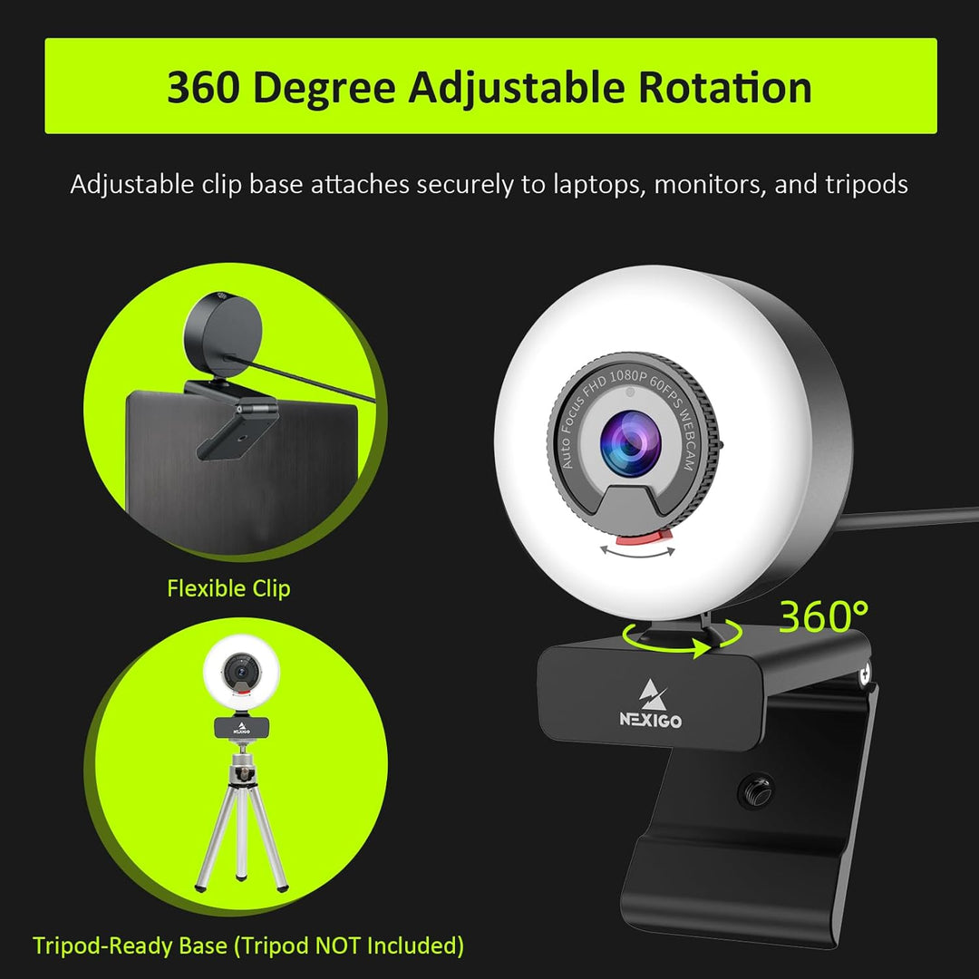 NexiGo N960E 60FPS Autofokus 1080P Webcam mit 2 Stereo Mikrofon, Ringlicht und Abdeckung, USB Kamera