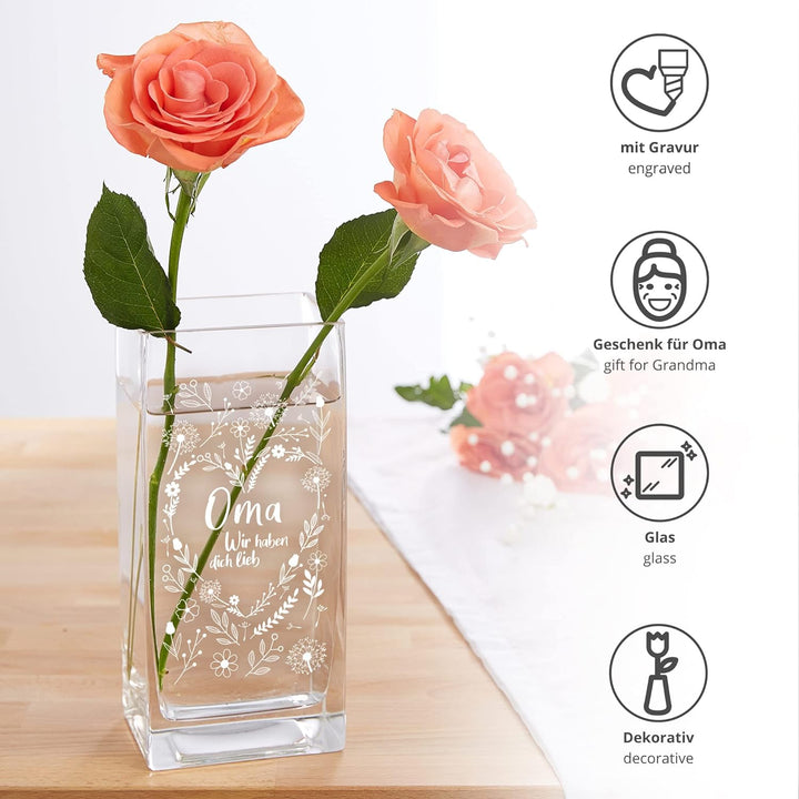 Blumenvase für Oma, Vase mit Gravur, Geschenk , Eckige Glasvase für Blumen, Blumenherz Deko , Modern