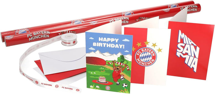 FC Bayern München Geschenkset 6-teilig I Geschenkpapier, Grusskarten & Geschenkband Einheitsgrösse,