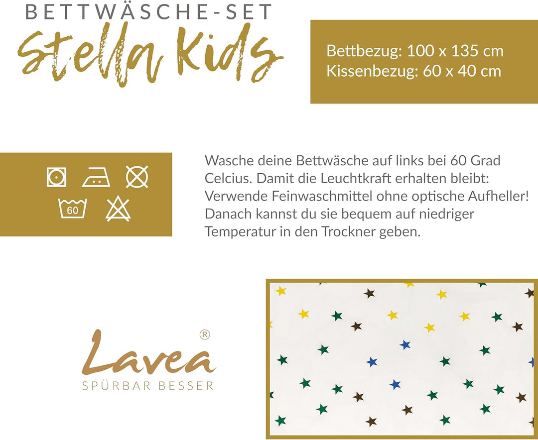 Lavea Kinderbettwäsche Set - Stella Kids 100 x 135cm + 40 x 60cm. Design: Sterne - Farbe: Bunt 100%