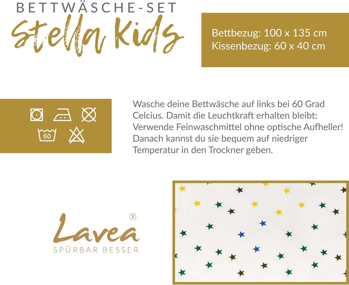Lavea Kinderbettwäsche Set - Stella Kids 100 x 135cm + 40 x 60cm. Design: Sterne - Farbe: Bunt 100%