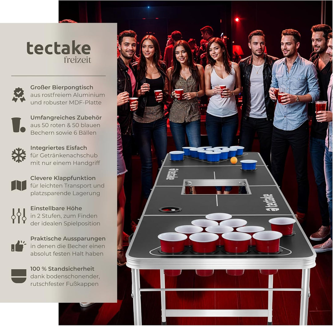 tectake® Bierpong Tisch, inkl. 100 Becher (50 rot & 50 blau) und 6 Bälle, mit Eisfach und Becherhalt